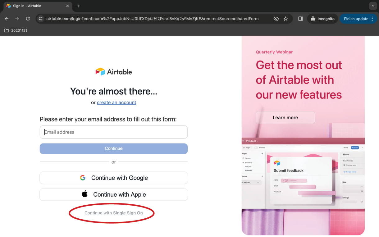 Image of login page with SSO circled
