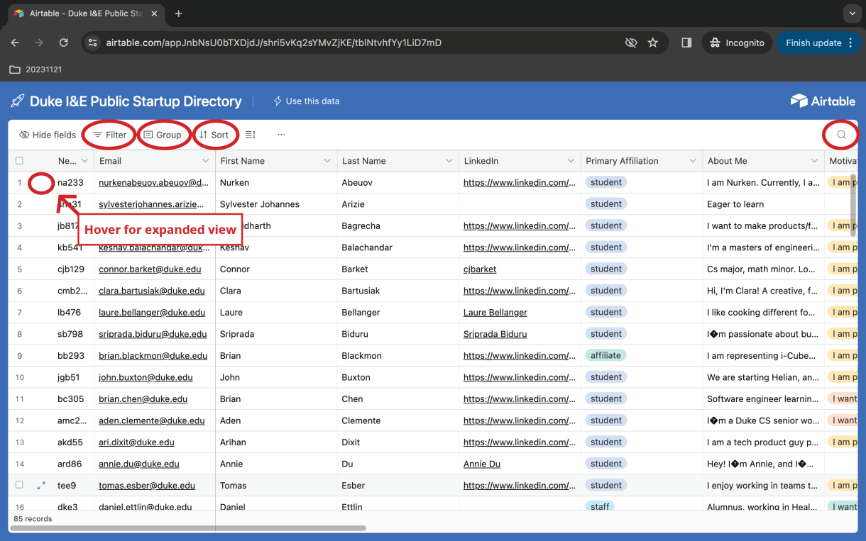 Image of directory with navigation features circled